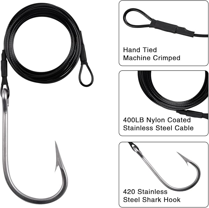 Fishing Shark Rigs Surf Fishing Stainless Steel Cable Leader Wire with Tuna Shark Hooks Saltwater Fishing Deep Sea Hooks Big Fish Shark Leader Rig