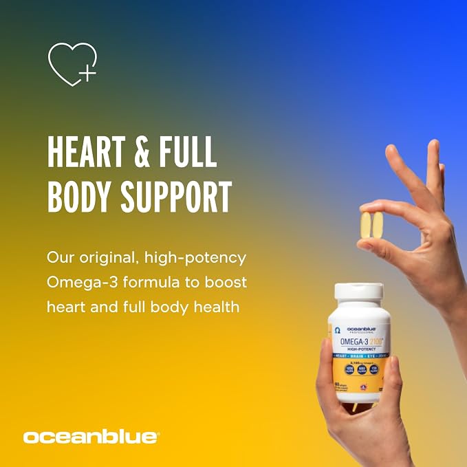 Oceanblue Professional Omega-3 2100 – Triple Strength DPA EPA DHA Omega 3 Supplement – High Potency Burpless Wild Caught Fish Oil – Orange Flavor, 120 Softgels (60 Servings)