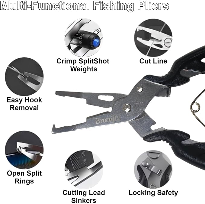5" Mini Lure Fishing Pliers with Safety Lock and Anti Loss Rope | Multi-Function Curved nose hook remover, line cutter & open ring pliers; rustproof for saltwater and freshwater use
