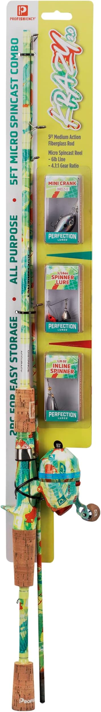 ProFISHiency 5' 2.0 Spinning Combo w/Lures | 5' Medium Light 2pc. Fiberglass Rod | Cork Handle and Foregrip | Micro Spinning Reel 5.2:1 Gear Ratio | Pre-Spooled 6lb Line | Includes Crankbait