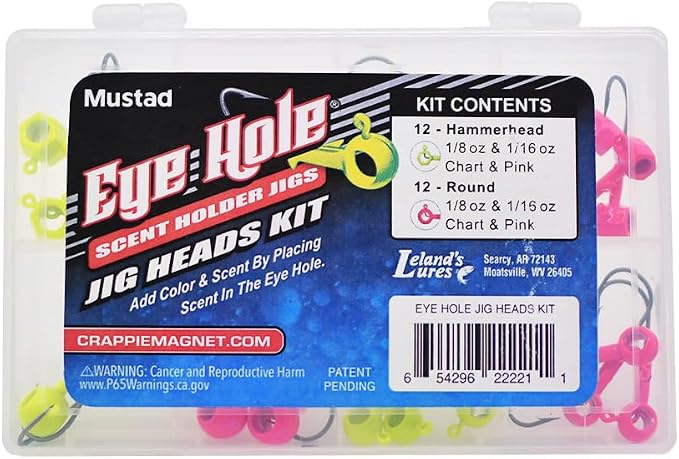 Crappie Magnet Eye Hole Jig Heads Kit, Includes 12 Hammerhead Scent Holder Jig Heads, 12 Round Scent Holder Jig Head