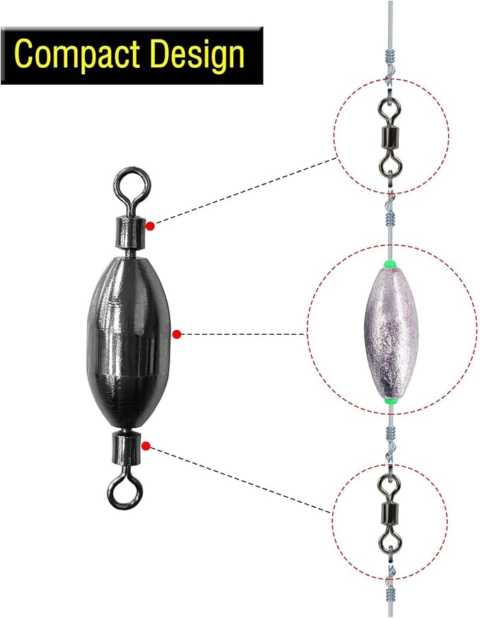 AMYSPORTS Saltwater Fishing Weights Swivel Bullet Sinkers Fishing Weight Brass Fishing Weights Freshwater Bass Sinker Weight with Swivel Rolling
