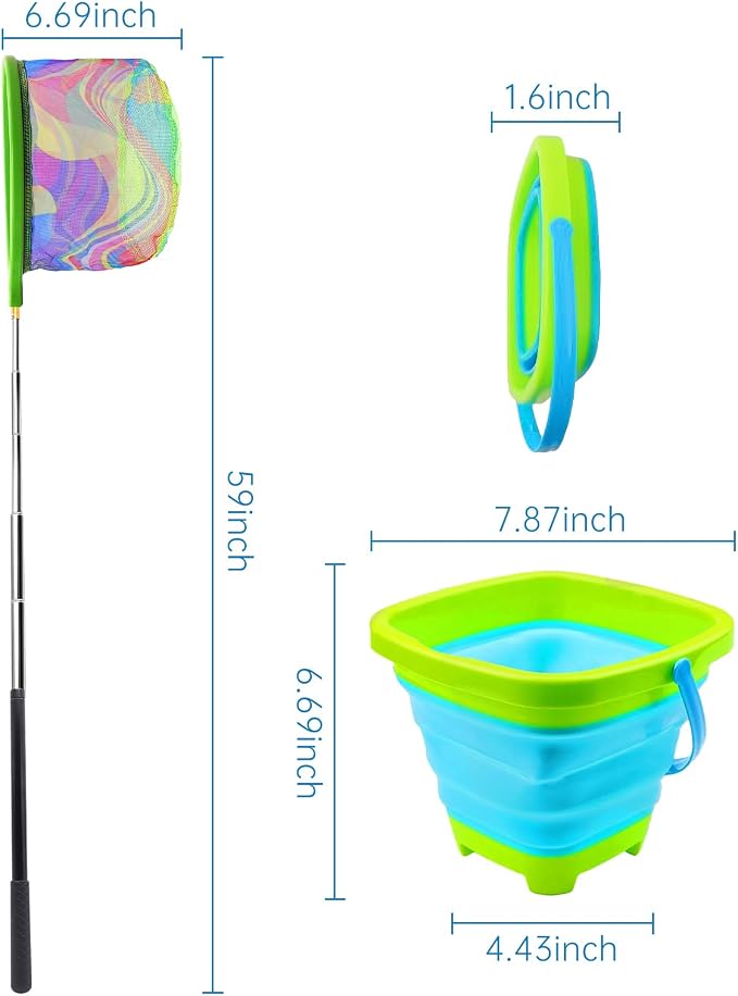 2PCS Fishing Net with Bucket, Telescopic Fishing Landing Net, Collapsible Youth Sand Bucket, Youth Fish Butterfly Catching for Freshwater Saltwater Outdoor Activities