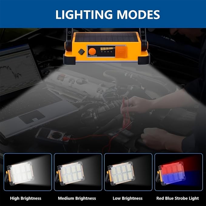 120W LED Solar Work Light, 144 LED 10000LM Portable Flood Light with Stand, 4 Modes Rechargeable, IP65 Waterproof Outdoor Working Light for Camping, Fishing, Car Repair & Mechanics (Yellow 2 Pack)
