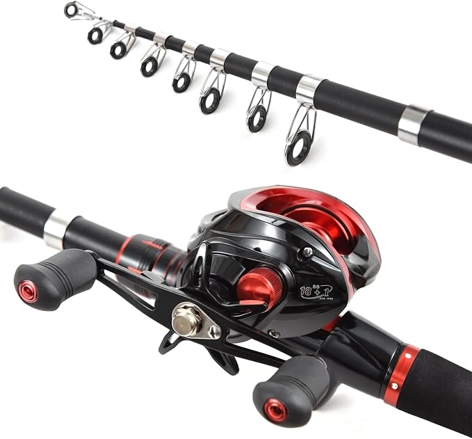 Lixada Fishing Rod and Reel Combo with Fishing Lures for Adult, 6.89ft/2.1m Telescopic Fishing Rod with Baitcasting Reel 18+1BB Right/Left Hand Portable Fishing Kits Complete for Fishing Trip