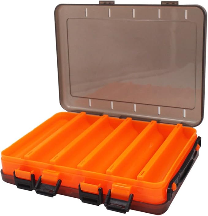Double-Sided Fishing Lure Hook Tackle Box Visible Hard Plastic Clear Fishing Lure Bait Squid Jig Minnows Hooks Accessory Storage Case Container (Orange-10Slots)