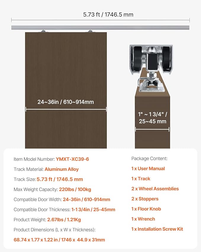 VEVOR Sliding Pocket Door Hardware Track Kit, 5.73ft Heavy Duty Pocket Door Hardware Kit, Commercial Grade Pocket Door Hardware and Track Set for 24"-36" Wide Single Door, Smoothly and Easy to Install