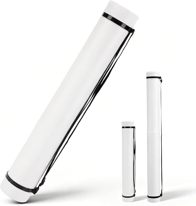 DEWEL Poster Tube, Waterproof Poster Holder Plastic Expandable Poster/Art/Document Storage Tube 24.5" to 40", Adjustable Poster Storage Blueprint Holder with Carrying Strap (White-Large Size)