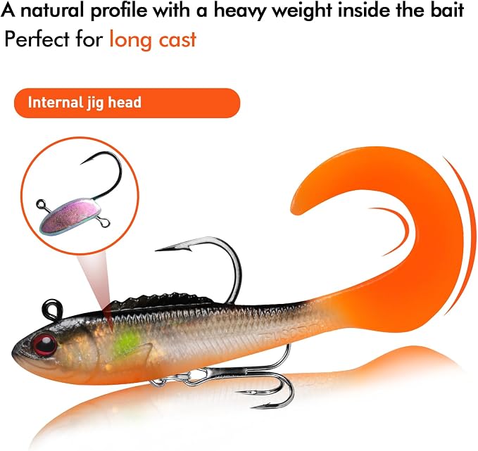TRUSCEND Shadtale Easy Catch Soft Fishing Lures with BKK Hooks - Trembly Sinking and Vibrating Swim for More Bites, Pre-Rigged Swimbaits for Bass, Trout, Crappie, Walleye, Freshwater Saltwater Fishing