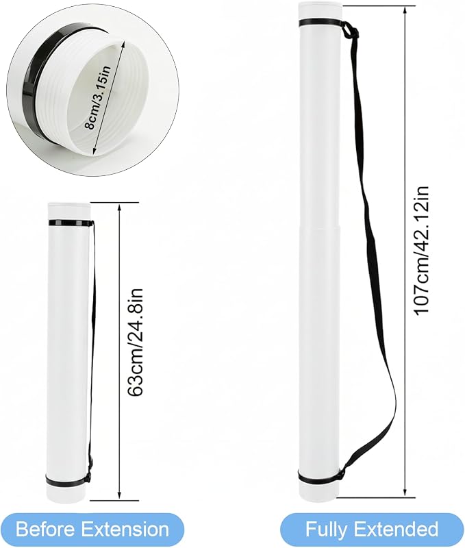 DEWEL Poster Tube, Waterproof Poster Holder Plastic Expandable Poster/Art/Document Storage Tube 24.5" to 40", Adjustable Poster Storage Blueprint Holder with Carrying Strap (White-Large Size)