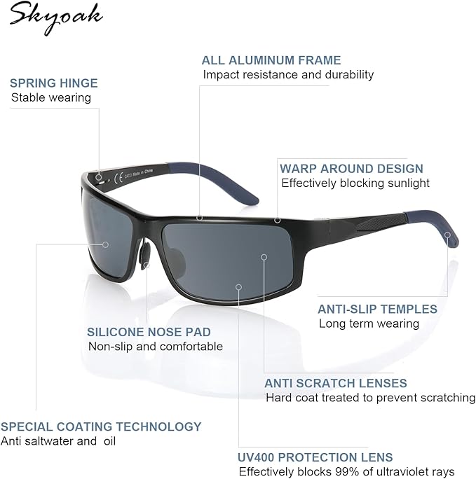 Unbreakable Polarized Sports Sunglasses for Men, Scratch/Seawater-Proof/Oleophobic Coating Lens, Aluminum Frame Sun Glasses