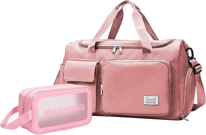 Suruid Gym Bag for Women Men, Travel Duffle Bag Large Capacity Carry On Weekender Bag With Shoe Compartment Gym Tote Dry Wet Separation Duffel Bag with Makeup Bag, Pink