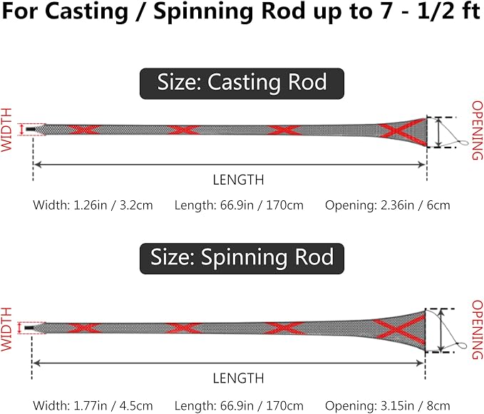 BASSDASH Casting Spinning Fishing Rod Sleeves Protective Rod Socks for Fishing Poles Up to 7-1/2ft
