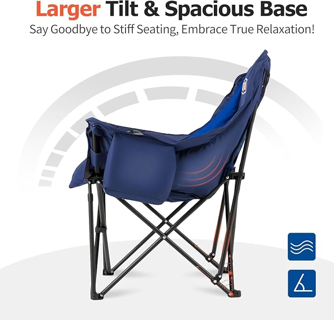 Overmont Oversized XL Camping Chair for Adults - 500lbs Support Heavy-Duty Padded Folding Chair with Side Pocket Cup Holder Cooling Bag for Outdoor Sports Garden Beach Fishing Lawn Blue 2pcs