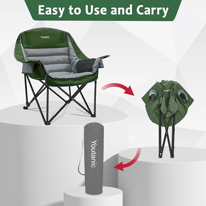 Youtanic Oversized Extra Large Padded Camping Chair, up to 400lbs, Folding Camping Chairs with Side Pocket, Carry Bag, Heavy Duty Outdoor Camp Chairs for Adults, Fishing, Sports, Trip, Gray-Green