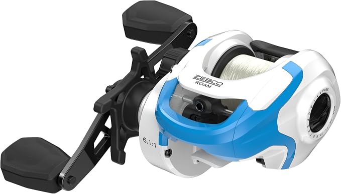 Zebco Roam Baitcast Fishing Reel, Size 100 Reel, Right-Hand Retrieve, Oversized Handle Knobs, Zero Friction Spool Design, Lightweight Graphite Frame, Blue