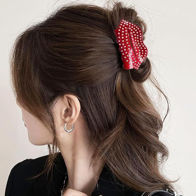 1 Pack Hair Clips for Women Wine Red Sexy Lips Exquisite Claw Clips for Thick or Thin Hair Crystal Rhinestones Design Hair Clamp Clip Holiday Wedding Hair Barrette Hair Accessories Styling