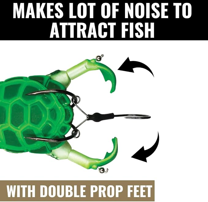 Lunkerhunt - Turtle Prop Lure | Topwater Best Bass Fishing Lure (3 Sharp Wide Gap Hooks) | Trout Lure Hollow Body | Unique Fishing Lures for Freshwater | Double Loud Propeller Feet