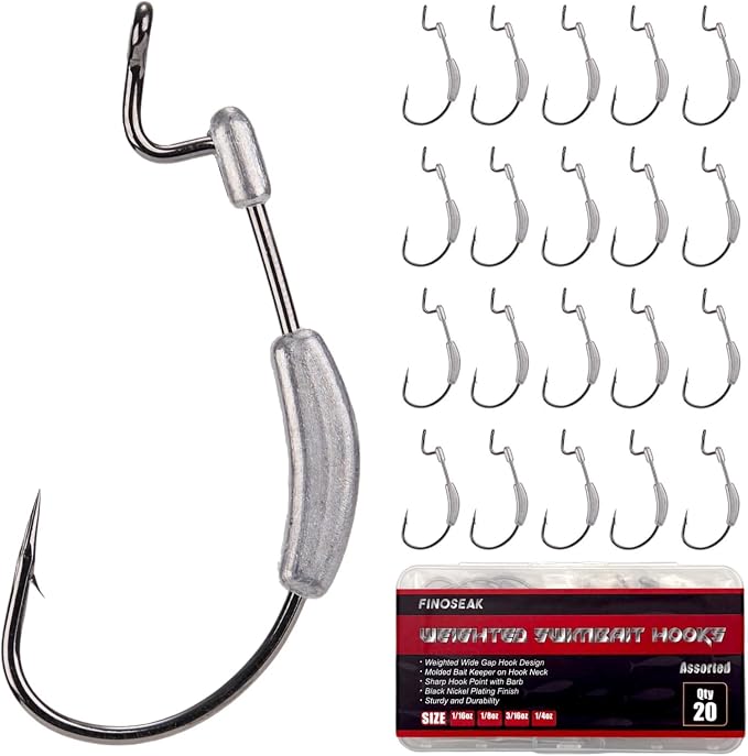 20Pcs Weighted Bass Fishing Hooks Set, Customized Swimbait Hooks Wide Gap Weedless Worm Fish Hook with Molded Bait Keeper 1/0 2/0 3/0 4/0
