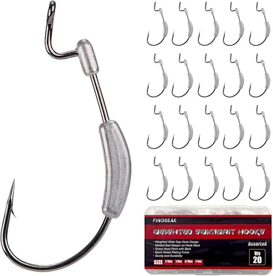 20Pcs Weighted Bass Fishing Hooks Set, Customized Swimbait Hooks Wide Gap Weedless Worm Fish Hook with Molded Bait Keeper 1/0 2/0 3/0 4/0