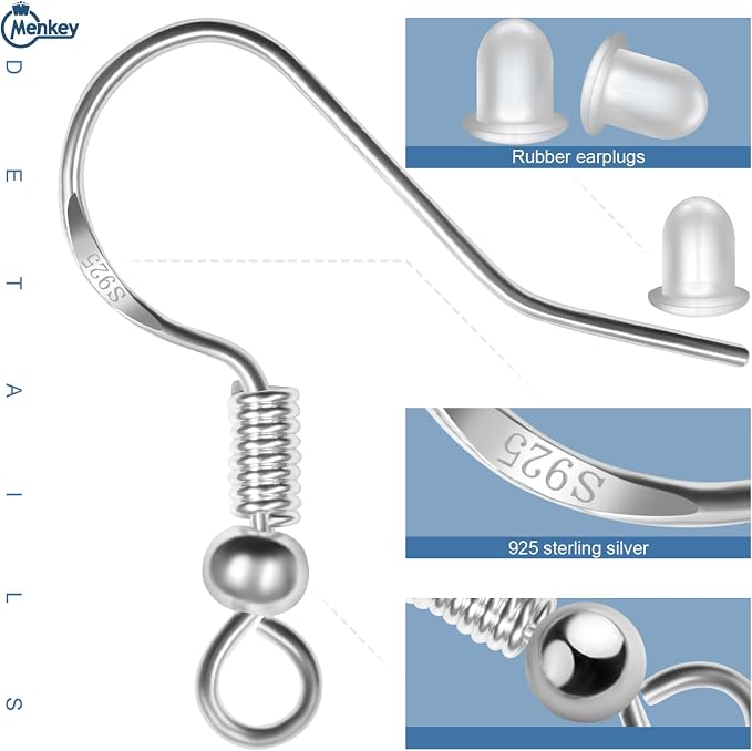 MENKEY 925 Sterling Mixed Earring Hooks 120 PCS/60 Pairs, Ear Wires Fish Hooksfor DIY Jewelry Making, Hypo-allergenic Jewelry Findings Parts with 120 PCS Clear Silicone Earring Backs Stoppers