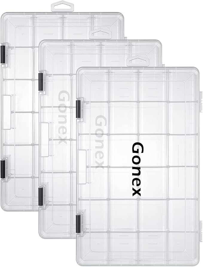 Gonex Fishing Tackle Boxes, 3600 3700 Tackle Trays with Adjustable Dividers, Clear Plastic Tackle Box Organizer Storage for Fishing Lure Bait Hook Jewelry Craft Beads Earring Container, 3 or 4 Packs