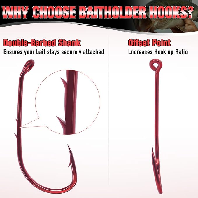 Baitholder Fishing Hooks 100 Pack - Double-Barbed Long Shank for Bluegill Bass Trout Walleye Black/Red, 8/0-#8