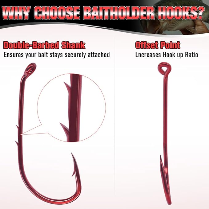 Baitholder Fishing Hooks 100 Pack - Double-Barbed Long Shank for Bluegill Bass Trout Walleye Black/Red, 8/0-#8