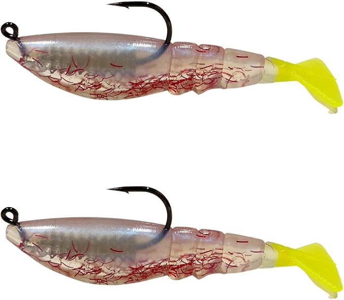Four Horsemen Boom Boom Shrimp Plastic Bait Made in USA Saltwater Fishing Lures for Speckled Trout, Redfish - 1/8 Deathgrip Jighead Hook - Contains 2 Swimbaits