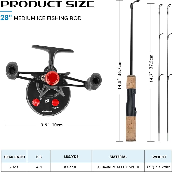 QualyQualy Ice Fishing Rod and Reel Combo 24 inch M/ML Inline Ice Fishing Combos 2 Different Tips for Walleye Perch Panfish and Trout