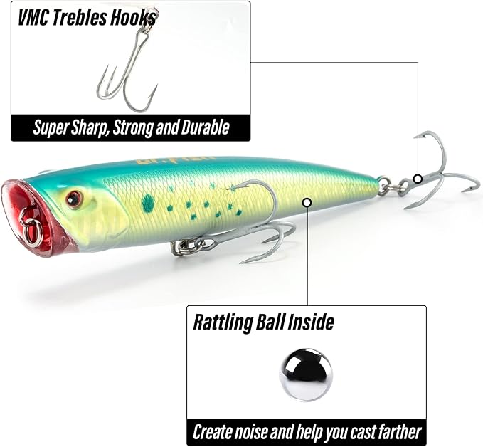Dr.Fish Popper Saltwater Fishing Lures, 4/5.5 Inches GT Popper VMC Treble Hooks Surf Fishing Lures for Bass Striper Pike Salmon Offshore
