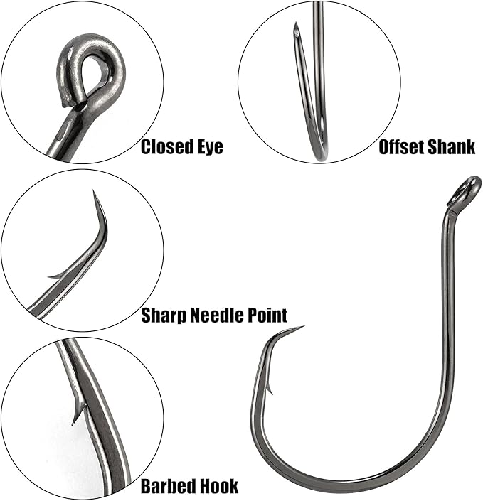 Dr.Fish 100 Pack Octopus Circle Hooks, Saltwater & Freshwater Fishing Hooks, #8-#10/0, Offset, Catfish, Tuna, Striper, Snapper, Bass Fishing