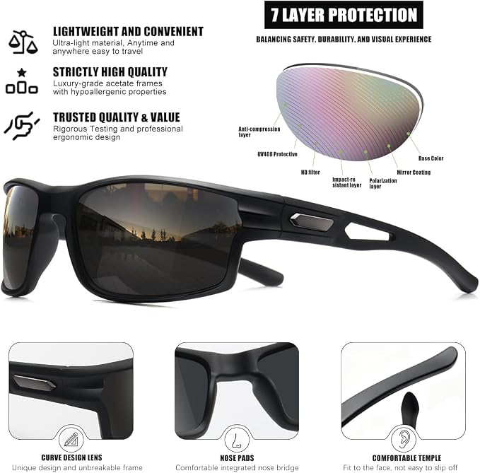 Polarized Sports Sunglasses for Men UV400 Protection, Lightweight Wrap Around Sun Glasses for Fishing Cycling Running