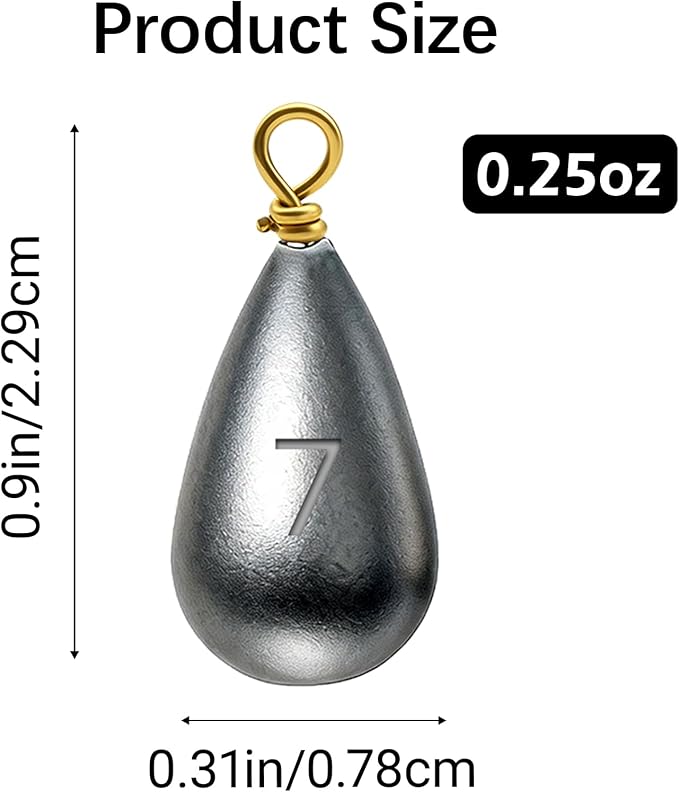 Casting Sinker Weights Assortment, Teardrop Fishing Sinkers with Brass Swivel Loops, 1/8 oz to 3/4 oz, Drop Shot Weights for Bass Catfish, Freshwater Saltwater