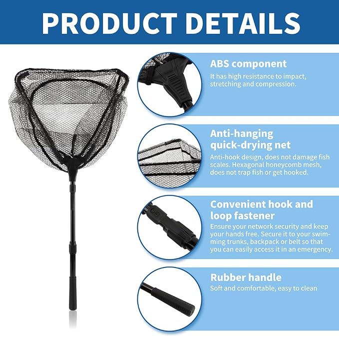 Floating Fishing Net with Telescoping Pole Handle 17-27 inch, Collapsible Fish Landing Net for Easy Transport & Storage,Ultralight Long Fish Net,Freshwater,Saltwater Fishing Gear