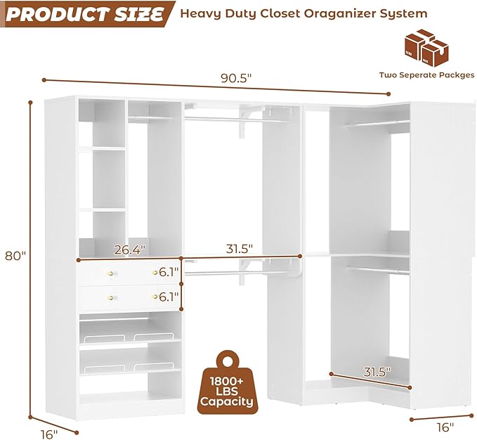 Closet System with 2 Drawers, 5 Hanging Robs, 4 Adjustable Shelves, 90.5"*31.5" Closet Organizer System with Corner Tower, L-shape Walk-in Closet System, Corner Closet System Set of 2, White