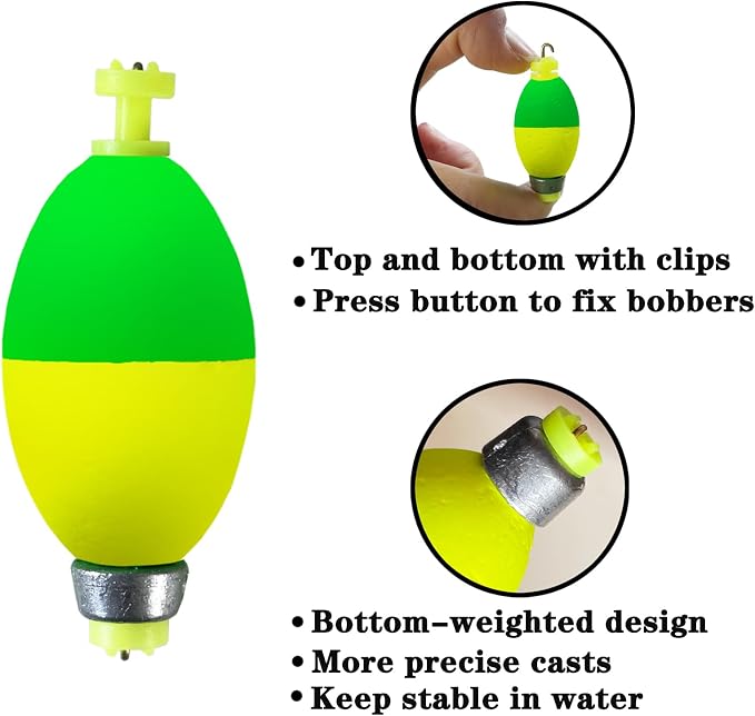 Fishing Bobbers Floats,10 Packs Weighted Bobbers for Fishing Foam Snap-on Fishing Floats Ball Oval Fishing Corks Bluegill Crappie Panfish Bass Trout