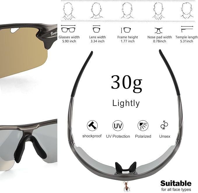 BangLong Polarized Cycling Sunglasses for Men Women, 26g Sports Sunglasses with 5 Lenses for Running Fishing Baseball Driving
