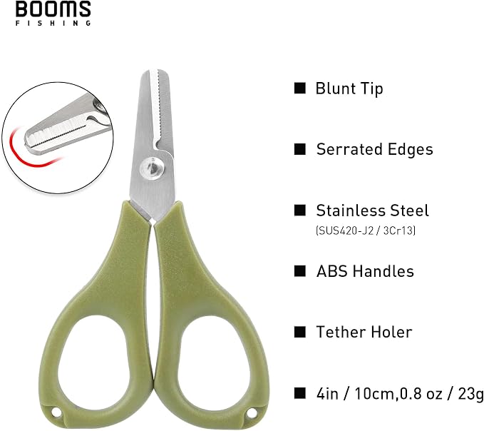Booms Fishing Scissors for Braided Line: Braided Line Cutter with Zinger Retractor for Saltwater and Freshwater - Micro Serrated Shears Multi-Function Fishing Snips, S01 3.9" Green