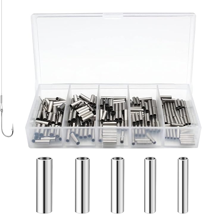 250pcs/500pcs Single Copper Barrel Crimp Sleeves Kit, 5 Sizes Single Tube for Fishing Leader Wire Rope