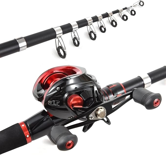 Lixada Fishing Rod and Reel Combo with Fishing Lures for Adult, 6.89ft/2.1m Telescopic Fishing Rod with Baitcasting Reel 18+1BB Right/Left Hand Portable Fishing Kits Complete for Fishing Trip