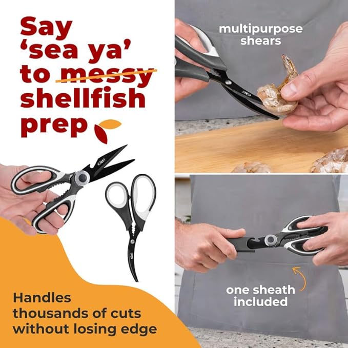 Titanium Coated Kitchen Scissors 2-Piece Set by Gidli - Liftime Replacement Warranty* - Heavy Duty Kitchen Shears for Meat and Food Prep - Includes Bonus 7" Seafood Scissors with Ergonomic Grip