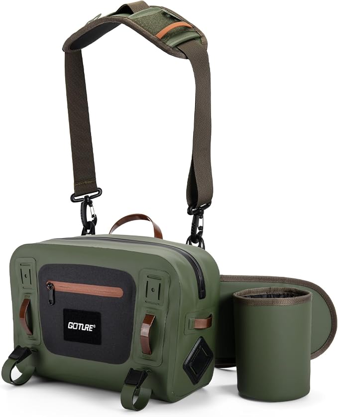 Goture Waterproof Fishing Waist Pack,IPX8 840D TPU Large Tackle Bag with Rod Holder,Airtight Zipper Closure,Detachable Water Bottle Holder, 10L Fly Fishing Bag with Adjustable Strap,Sling Fanny Pack