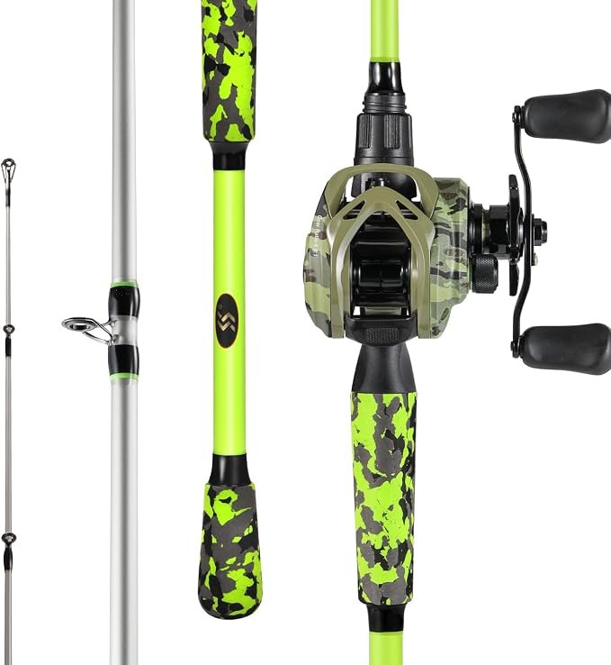 Sougayilang Baitcasting Combo – 8.0:1 Gear Ratio, 18LB Drag, 9+1 Bearings, IM7 Graphite 2-Piece M/MH Rod, EVA Handle, Camo Finish for Topwater Bass, Pike, Walleye