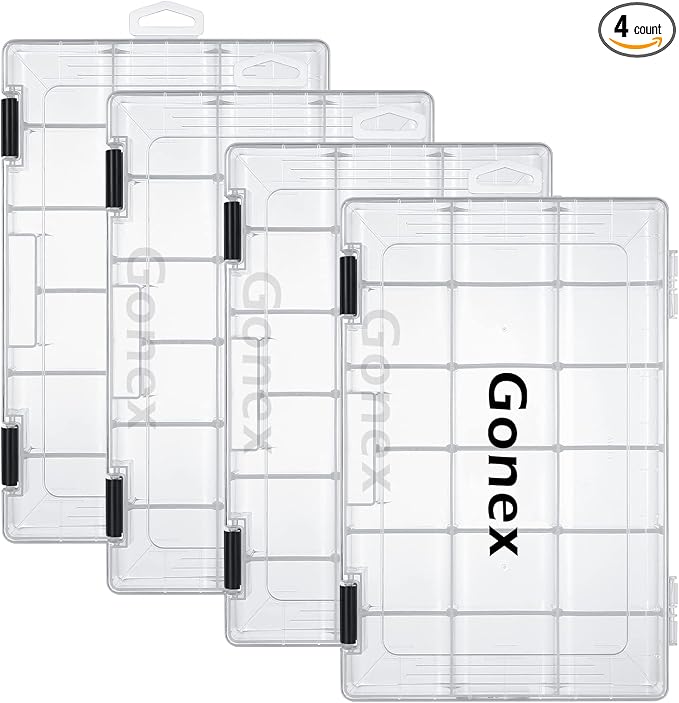 Gonex Fishing Tackle Boxes, 3600 3700 Tackle Trays with Adjustable Dividers, Clear Plastic Tackle Box Organizer Storage for Fishing Lure Bait Hook Jewelry Craft Beads Earring Container, 3 or 4 Packs