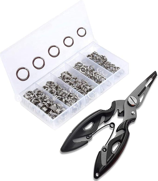 GREATFISHING 200PCS High Strength Heavy Stainless Steel Split Ring Lure Connector Swivels Snap with Fishing Pliers 30lb to 120lb Test
