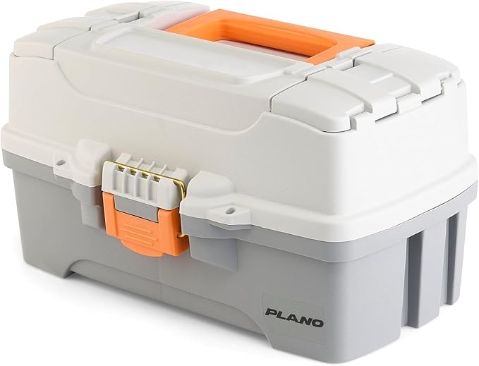 Plano Two-Tray Tackle Box, Light Grey/Dark Grey, Rust-Proof Brass Latch, Top-Access Tray with Deep Storage, Made in the USA, Portable Fishing Gear Storage Organizer