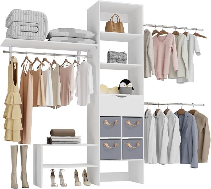 8ft Closet System with Drawers, 99 Inches Walk in Closet Organizer System with 3 Hanging Rods, Adjustable Built in Closets Systems, Sturdy Closets Insert, Easy Assembly, Max Load 1000 Lbs, White