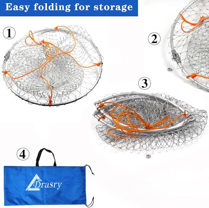 Drasry Foldable Bridge and Pier Fishing Landing Net - High Load-Bearing Aluminum Ring Drop Net for Saltwater Freshwater - Collapsible Basket With 49.2 FT Rope