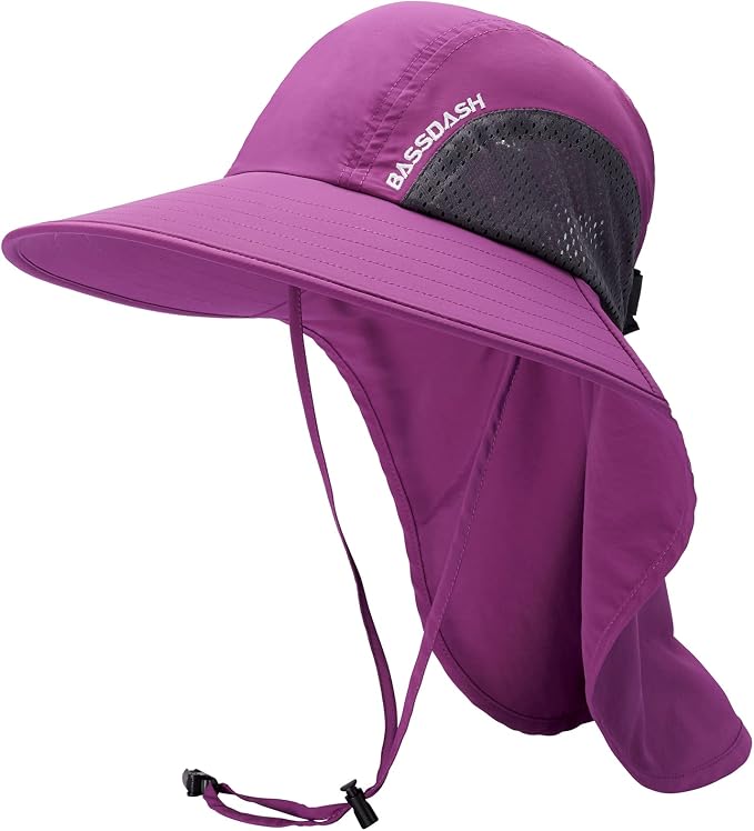 BASSDASH UPF 50+ Unisex Water Resistant Wide Brim Sun Hat with Large Neck Flap Ponytail Fishing Hat for Men Women